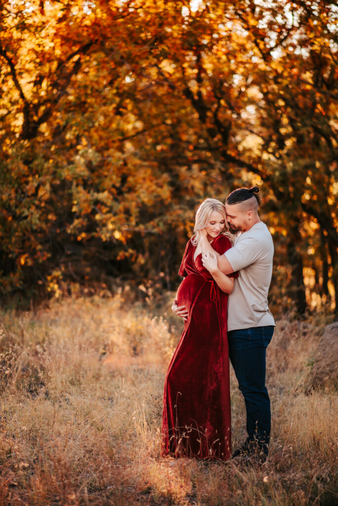 A maternity session in the fall aspen trees with a velvet dress in Flagstaff during arizona mini sessions.