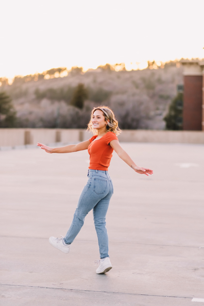 Flagstaff portrait of senior girl dancing by Annie Bee photography in AZ.