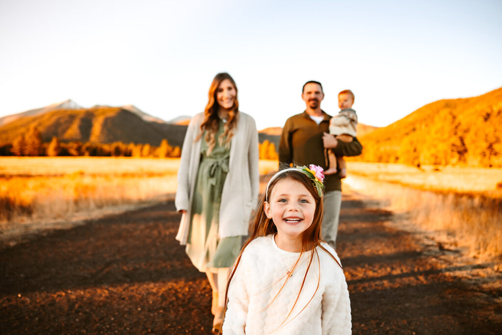 Buffalo park Flagstaff portraits of family walking on the trail together.